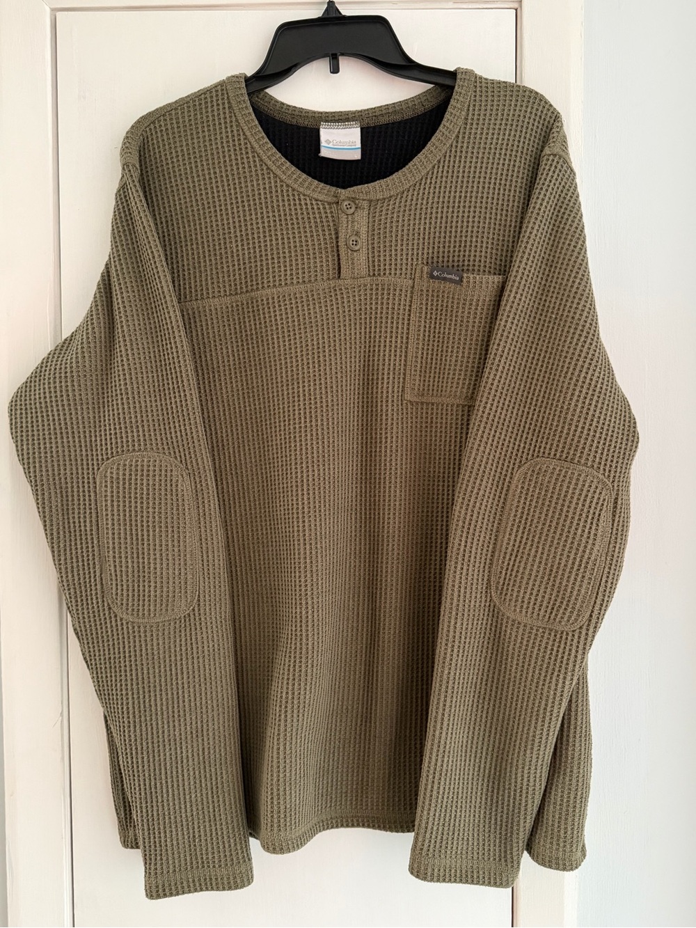 Columbia Olive Waffle-Knit Crewneck Sweater with Henley Placket